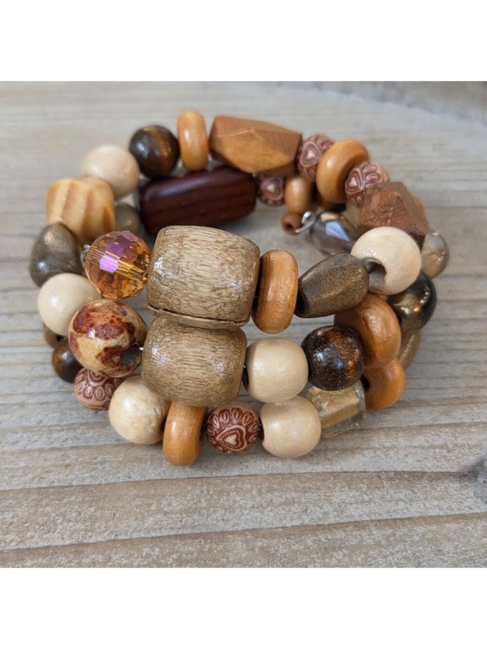 Glass & Wooden Beaded Memory Wire Wrap Around Bracelet